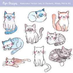 Cute Watercolor Cats and Kittens clipart. 21 royalty free clip