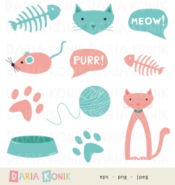 Cat Clip Art Set-cats toy mouse ball of yarn fishbones