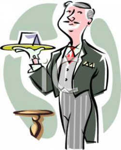 Butler Wearing Tails Holding a Tray - Royalty Free Clipart Picture