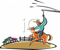 A Cowboy on a Horse, Roping Cattle - Royalty Free Clipart Picture