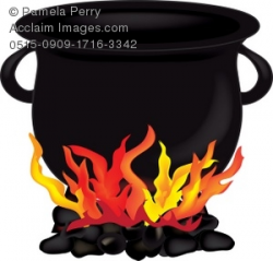 Clip Art Illustration of a Cauldron Sitting on a Fire