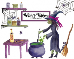 Witch's Kitchen Halloween Clip Art Collection: Witch, Potions, Cauldron,  Frog, Spider Web, Bug, Broom Stick, Spider. Halloween Invitations.