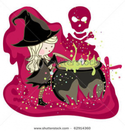 A Young Witch Stirring a Magic Potion In a Cauldron - Clipart