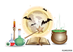 Magic chemistry objects set. Wizard laboratory with open book on ...