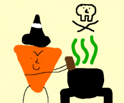 Dorito witch makes pea soup in cauldron - drawing by Syscaline Gaming