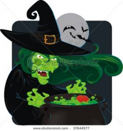 A Cackling Green Witch with Her Magic Potion In a Cauldron Clipart Image