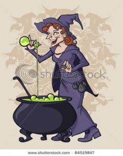 A Witch Pouring a Potion Into a Cauldron Clipart Picture