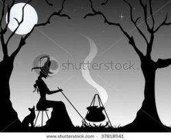Clip Art Image: A Silhouette of a Witch Sitting and Stirring a Cauldron