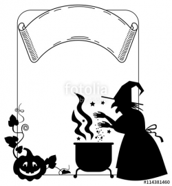 silhouette frame a witch preparing potion in the magic cauldron ...