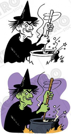 A vintage illustration of a scary witch stirring up a potion in her ...