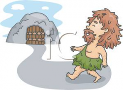 A Caveman Walking Towards His Cave - Royalty Free Clipart Picture