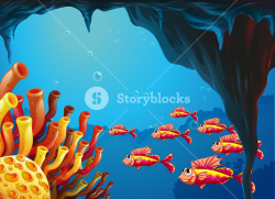 Illustration of a school of fishes going to the coral reefs inside ...