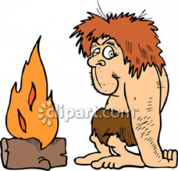 Caveman Sitting By a Fire - Royalty Free Clipart Picture