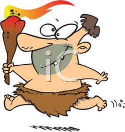 A Caveman Running with a Club on Fire - Royalty Free Clipart Picture