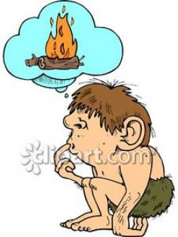 Caveman Contemplates Fire - Royalty Free Clipart Picture
