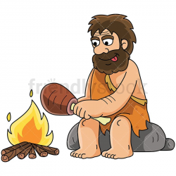 Caveman Cooking Meat By The Fire Vector Cartoon Clipart