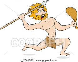 Vector Illustration - Caveman hunting with spear and mace. Stock ...