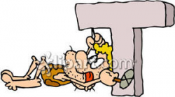 Caveman Carving the Letter T - Royalty Free Clipart Picture