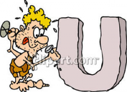 Caveman Carving the Letter U - Royalty Free Clipart Picture