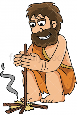 Caveman Making Fire By Rubbing Sticks Vector Cartoon Clipart