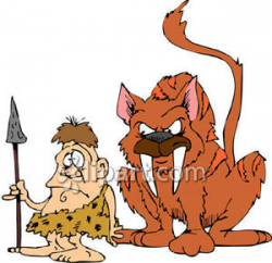 Caveman and Large Prehistoric Tiger - Royalty Free Clipart Picture