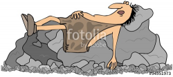 Caveman sleeping on some rocks