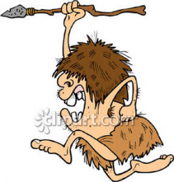 Crazy Caveman Running with Spear - Royalty Free Clipart Picture