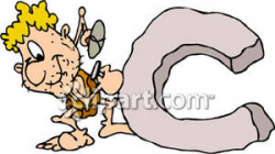 Caveman Carving the Letter C - Royalty Free Clipart Picture