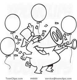 Cartoon Black and White Line Drawing of a Celebrating New Year Pig ...