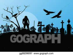 Vector Art - Halloween spooky graveyard, cemetery vintage background ...