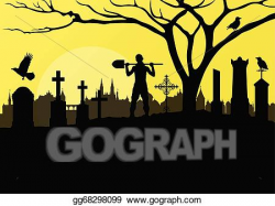 Vector Art - Halloween spooky graveyard, cemetery vintage background ...