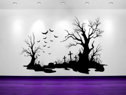Spooky, Halloween, Cemetery Scene, Bats, Tombstones, Decorations ...