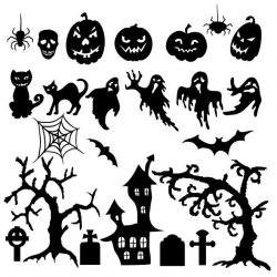 Vector set of Halloween silhouette pumpkin, bat, cat, an old tree ...