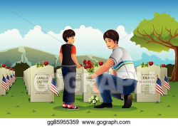 Vector Clipart - Father son visiting cemetery on memorial day ...