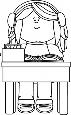 Black and White Girl Listening to a Book Clip Art - Black and White ...