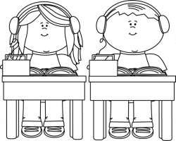 Black and White School Kids Listening to Books Clip Art - Black and ...