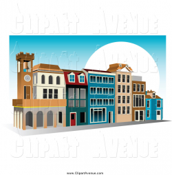 Avenue Clipart of a Blue Sky and Sun with a Shopping Center by ...