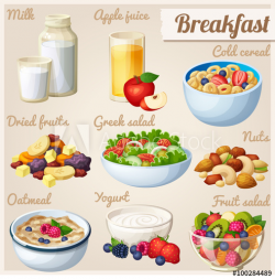 Breakfast 2. Set of cartoon vector food icons. Milk, apple juice ...
