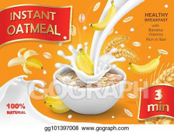 Vector Illustration - Oatmeal muesli with banana and milk splash ...