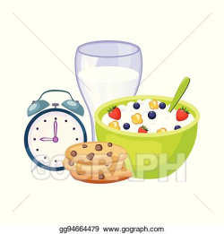 Vector Art - Breakfast meal with milk, cereals and clock, set of ...
