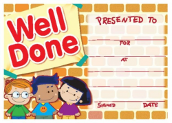 Well Done' characters certificate | School Merit Stickers