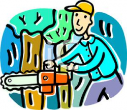 Cartoon of a Man Using a Chainsaw To Cut Down a Tree - Royalty Free ...