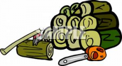 A Chainsaw and Axe By a Stack of Wood - Clipart