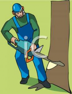A Man Cutting Down a Tree with a Chainsaw - Clipart