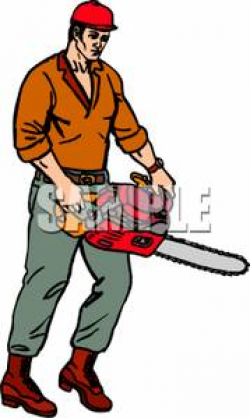 Clip Art Image: A Man Holding a Large Red Chainsaw