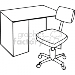 Black and white outline of a desk and chair clipart. Royalty-free clipart #  382535