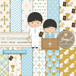 1st Communion Boy Digital Papers and Bible, Chalice clipart