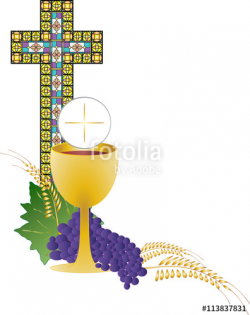 Eucharist symbols of bread and wine, cross, chalice and host with ...