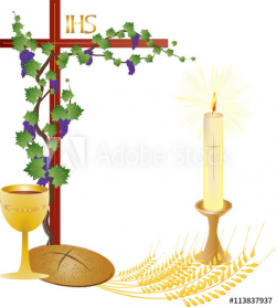 Eucharist symbols of bread and wine, cross, chalice and host with ...