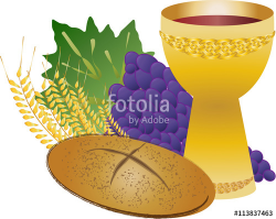 Eucharist symbols of bread and wine, chalice and host with wheat ...
